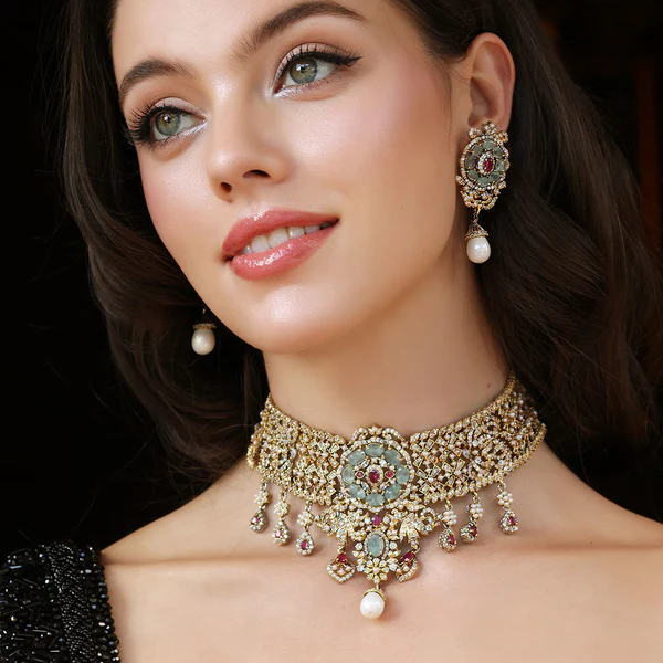 Jewelry portrait source image focused on choker and earrings